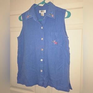 Vintage Women's Selene Sleeveless Button-Up Top with Embroidery Size Large